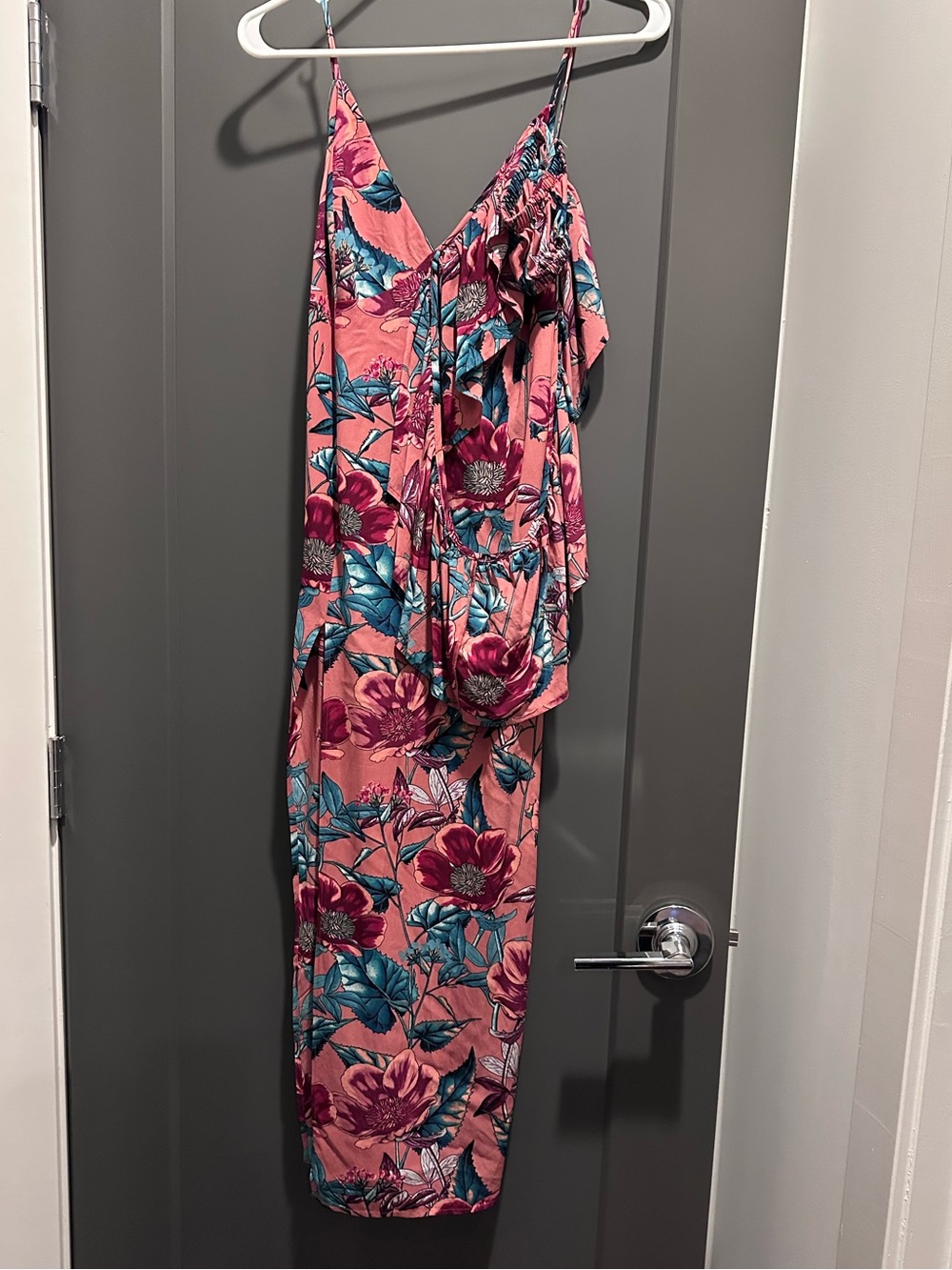 Brand new! Never worn! Pink Floral Ruffle Slip Dress with Teal Accents